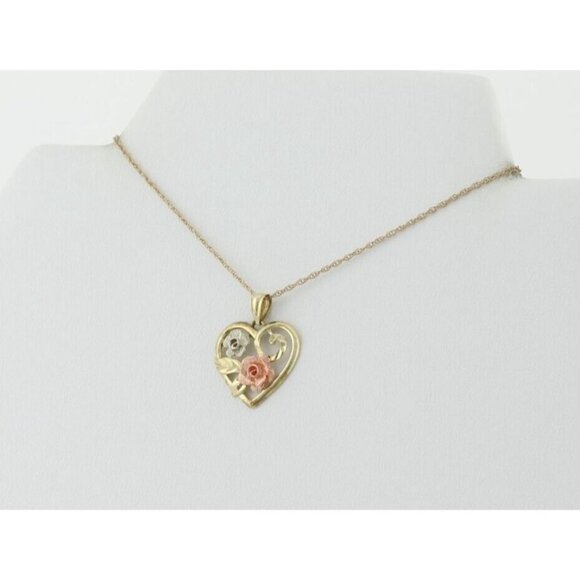 10K Yellow Gold White Gold and Rose Gold Heart Flower Necklace 18" Chain - Picture 5 of 8